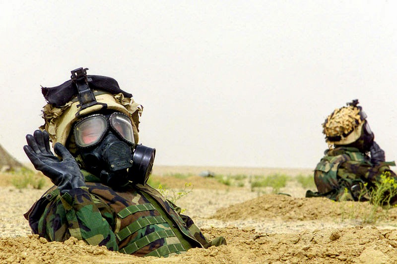 Marines in Iraq in MOPP Suit and Gas Mask