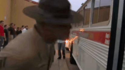 Marine Drill Instructors yelling at recruits to GET OFF MY BUS!